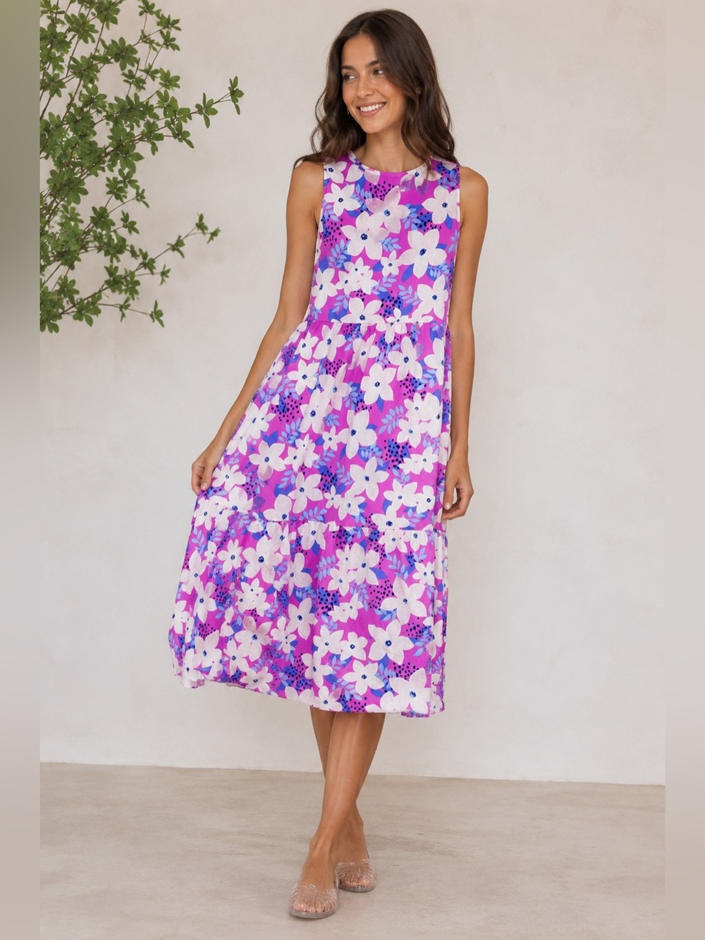 Easel Purple Floral Sleeveless Tiered Poplin Midi Dress S Tropical Resortwear